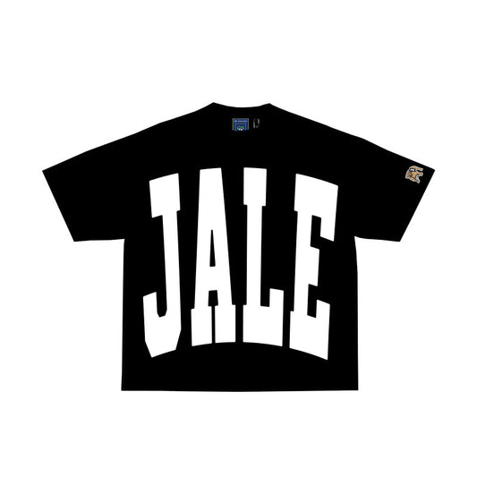 Black T-shirt with oversized JALE Print on front, Jale bulldog embroidery on left sleeve